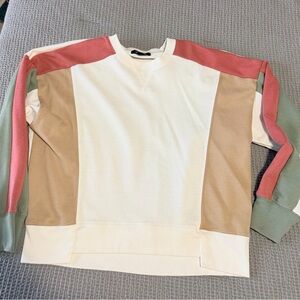 Relaxed Colorblock Crewneck Sweater in White, Tan, Rose & Sage